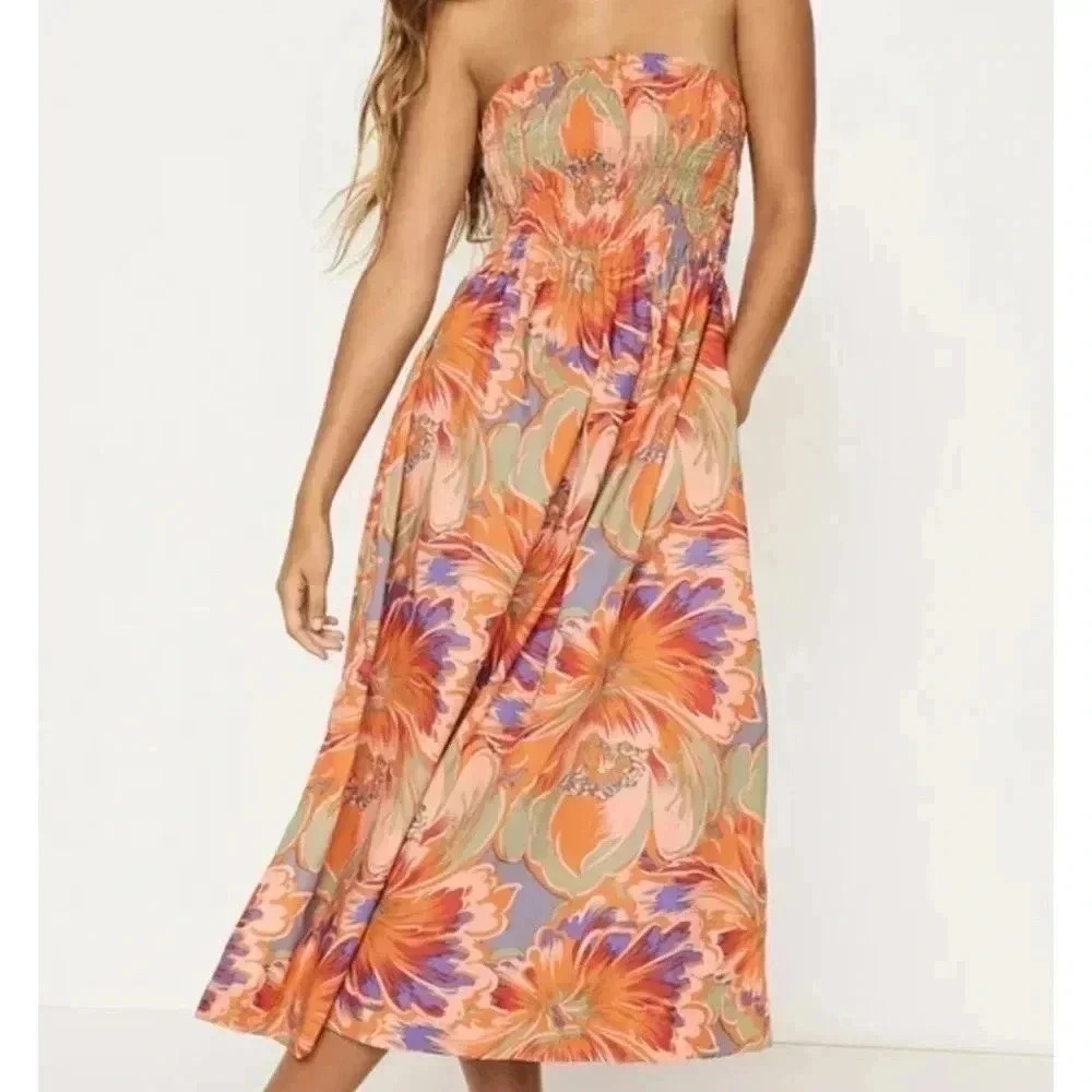 Mikoh Lido Women's Size 1 XS Vivid Floral Dress Midi Shirred Strapless Pockets - Picture 7 of 16